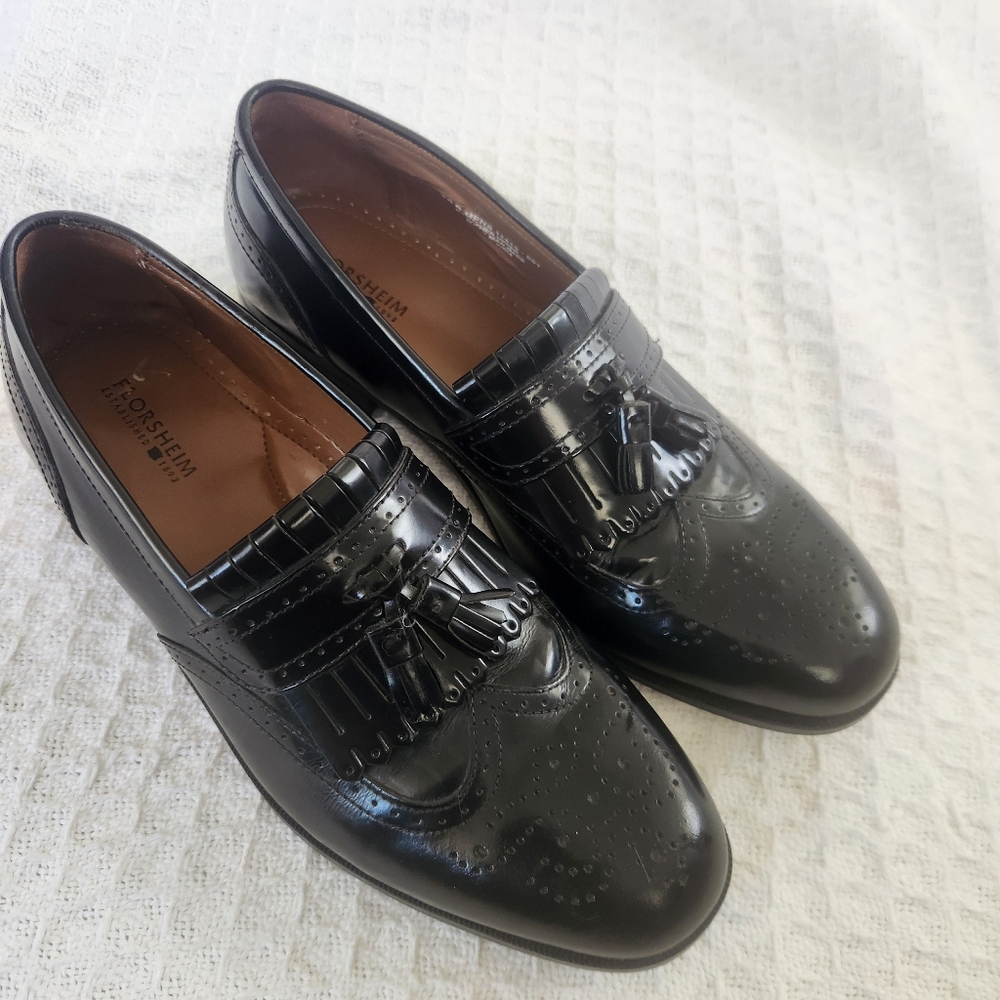 Florsheim Tassel & Kiltie Wing-Tip Loafers Mens Size 9.5D Black Leather Slip-Ons